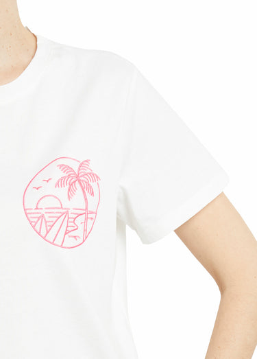 T-shirt manches courtes broderie sunset Blanc / rose fluo