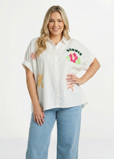 Chemisier uni, broderies thème Summer Blanc / Multicolore