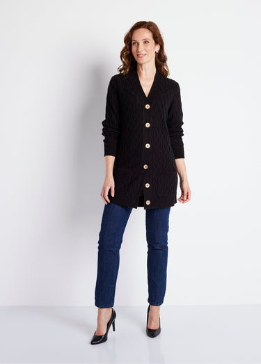 Gilet long boutonné torsades col V Noir
