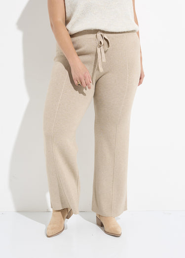 Pantalon large confort, jeu de mailles Beige