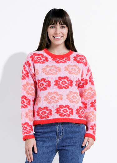 Pull court en maille motif fleuri Rose/Rouge