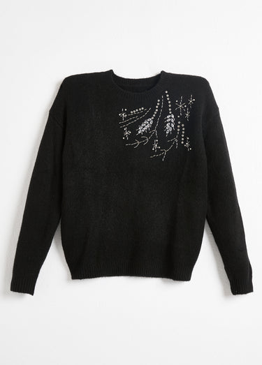 Pull doux col rond avec strass et sequins Noir