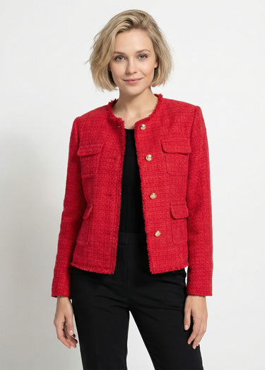 Veste tweed boutonnée frangée sans col Rouge