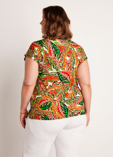 T-shirt court motif feuillage Vert/Rouge