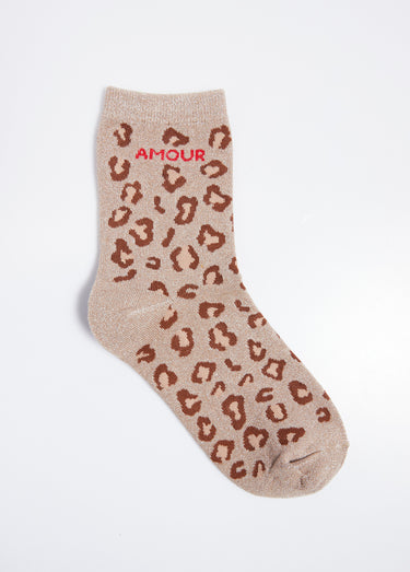 Chaussettes AMOUR, motif léopard métallisé Beige