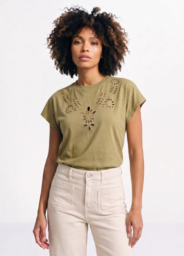 T-shirt coton encolure broderie anglaise Kaki