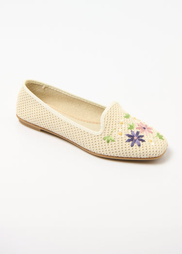 Ballerines ouvertes textile brodé talon plat Beige