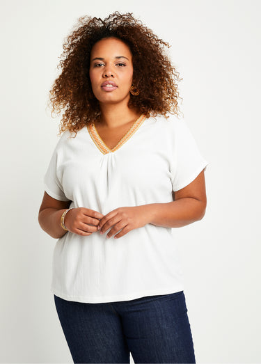 T-shirt long ample uni brodé Blanc