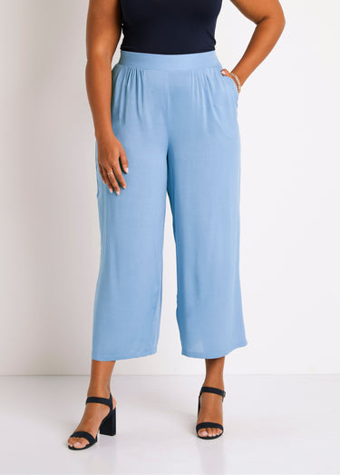 Pantalon large taille élastiquée fleuri ou uni Bleu
