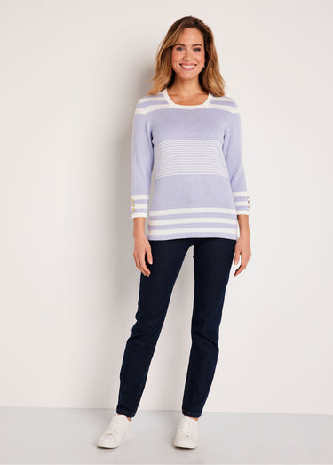 Pull rayé manches 3/4 coton Argent/Blanc