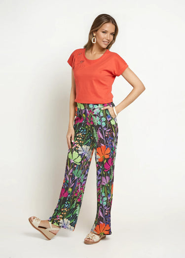 Pantalon fluide stretch, fleuri poétique Imprime Fond Noir