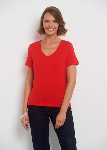 T-shirt fluide col V manches courtes Rouge