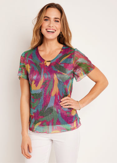 T-shirt court imprimé feuillage doré Fuchsia/Vert
