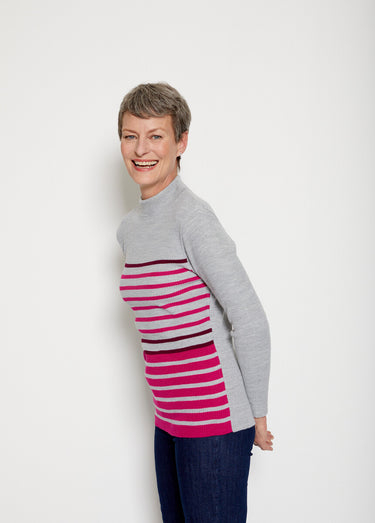 Pull court col montant maille côtelée Raye Fuschia