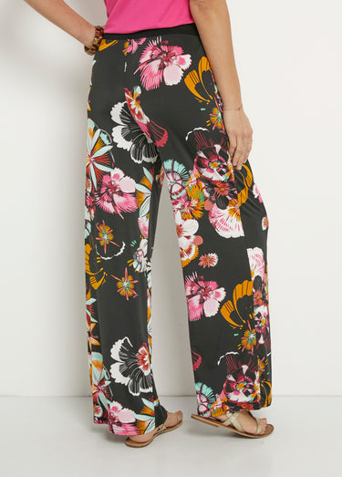 Pantalon large en stretch imprimé fleuri Noir Imprime