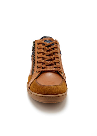 Baskets en cuir multimatières lacets et zip Marron
