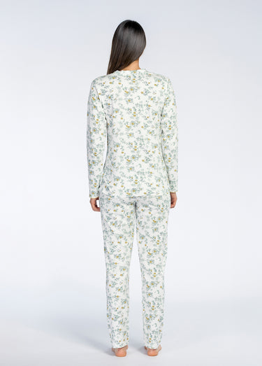 Pyjama long boutonné motif fleuri Menthe