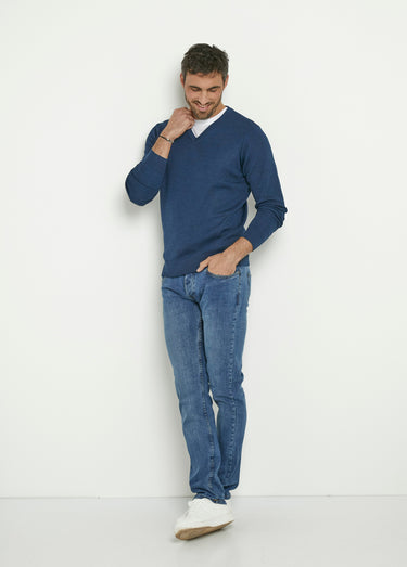 Pull jacquard col V chaud en laine mérinos Indigo