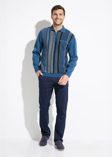 Pull col polo zippé jacquard rayé laine Bleu