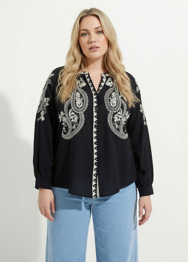 Blouse avec broderies et petit col V Noir/Ecru