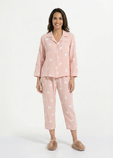 Pyjama 2 pièces coeurs en gaze de coton Rose