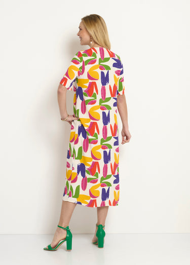 Robe longue col V motif abstrait Multico