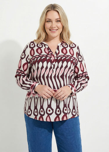 Blouse col V boutonné, imprimé ethnique Imprime Prune