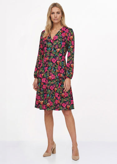 Robe cache-coeur courte évasée fleurie Noir/Fuchsia