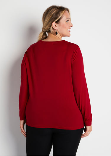 T-shirt court col rond résille brodé strass Rouge