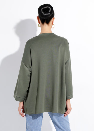 Sweat shirt large col rond, manches 3/4 Kaki