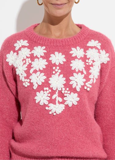 Pull moelleux col rond fleurs brodées Rose