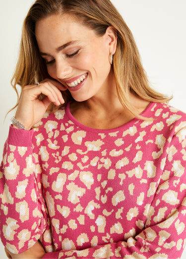 Pull motif léopard col rond Rose
