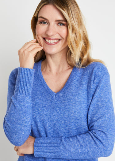 Pull tunique chiné long col V avec laine Bleu