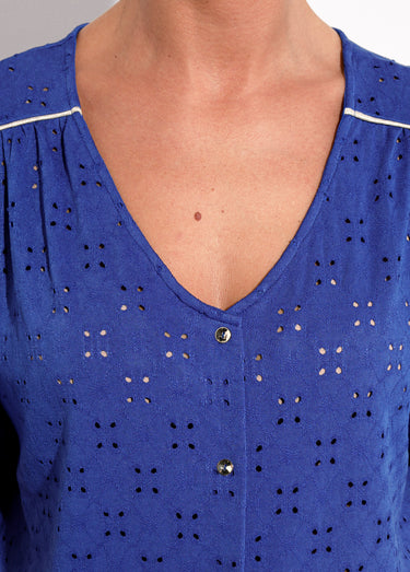 T-shirt col V effet broderie manches courtes Bleu Dur