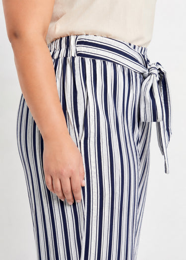 Pantalon rayé ceinturé, fils métallisés Marine/Ecru