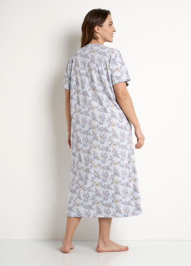 Chemise de nuit longue coton manches courtes Bleu