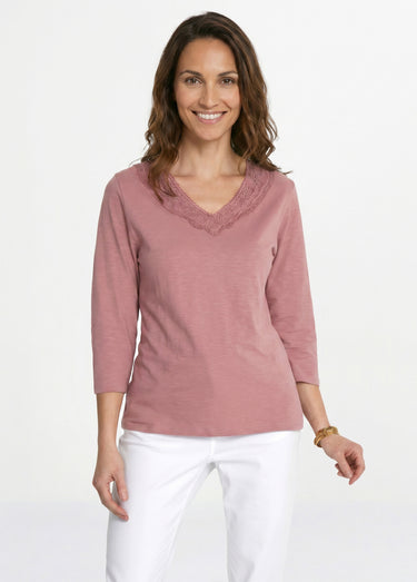 T-shirt manches 3/4 coton et macramé Rose