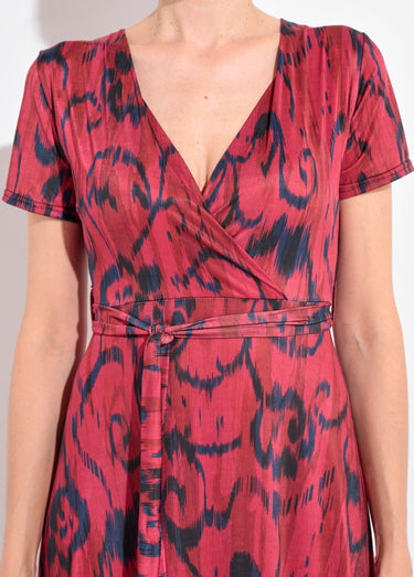 Robe longue, col V cache-cœur ceinturée Noir/Rouge