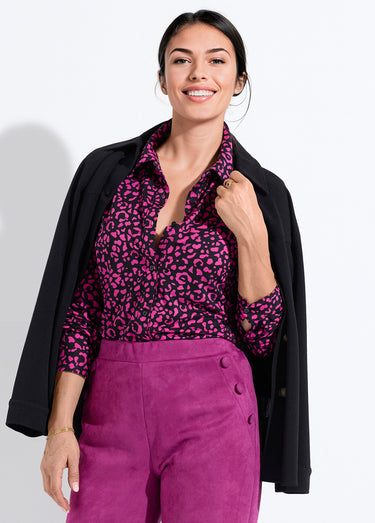 Chemisier maille chaude imprimé peau de bête Noir/Fuchsia