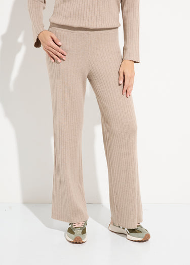 Pantalon confort, maille cotes plates Beige
