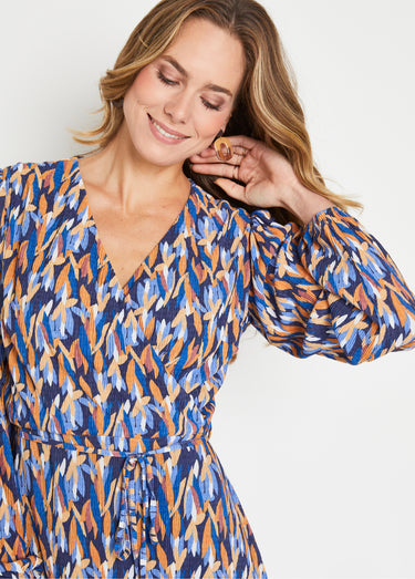 Robe courte cache-coeur imprimé feuillage Bleu/Marron