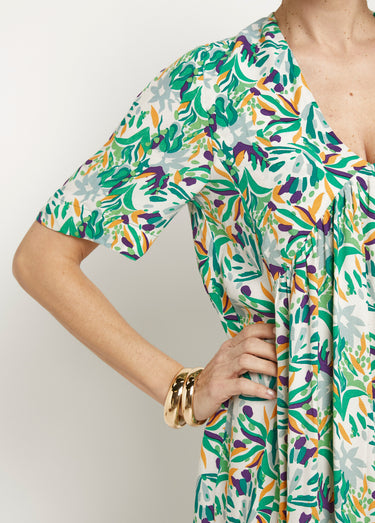 Robe longue imprimée col V manches courtes Vert Imprime