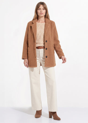 Manteau tissu bouclette mi-long boutonné Camel