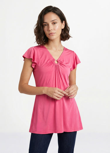 T-shirt long évasé col V drapé Uni Fuchsia