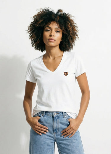 T-shirt col V broderie léopard fluo Blanc