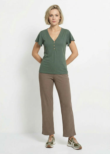 T-shirt col V jersey cotelé, Essentiel Kaki