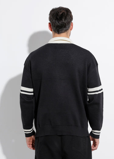 Pull col polo message maille bouclette Noir