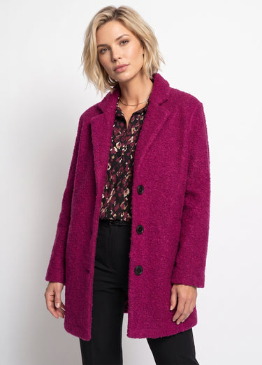 Manteau tissu bouclette mi-long boutonné Fuchsia