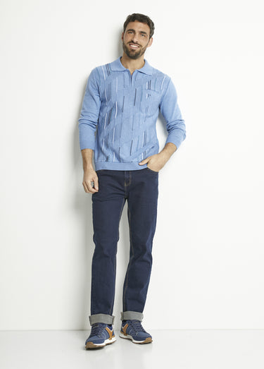 Pull col polo zippé manches longues coton jacquard Bleu