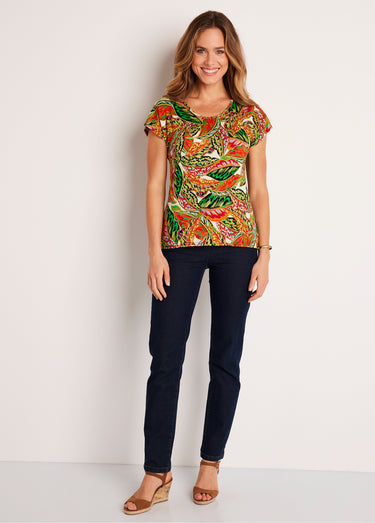 T-shirt court motif feuillage Vert/Rouge